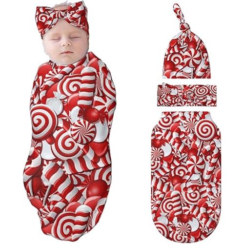 Candy Swaddle Blankets Newborn Receiving Blanket Baby Swaddle Wrap with Headband Hat Set for Baby Girls Boys
