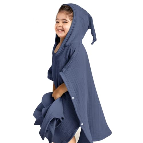Lulumoon Hooded Baby Poncho Towel: Muslin Bath Towel for Toddler - Kids Beach Towel 23"x24" (Blue)