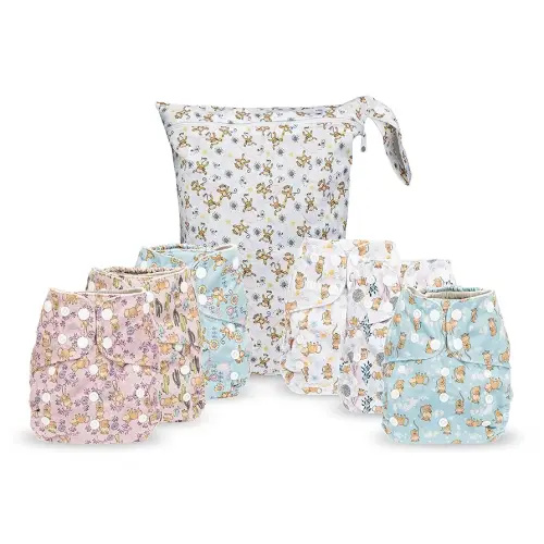 Simple Being Reusable Cloth Diapers, Double Gusset, One Size Adjustable, Washable Soft Absorbent, Waterproof Cover, Eco-Friendly Unisex Baby Girl Boy, six 4-Layers Microfiber Inserts (Monkey)