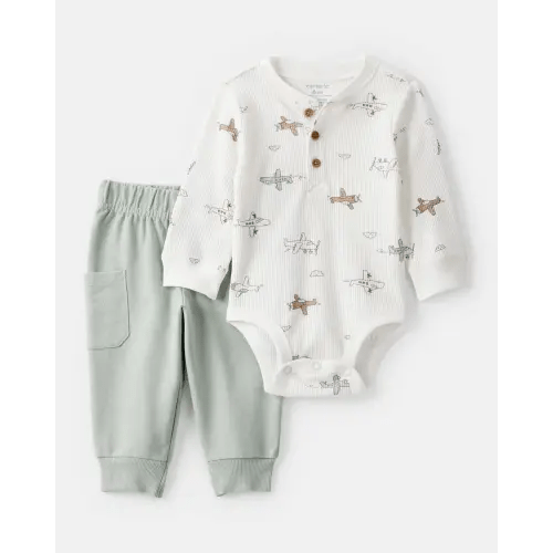 Baby Boy 2-Piece Airplane Thermal Bodysuit & Jogger Set - Green/White | Carter's