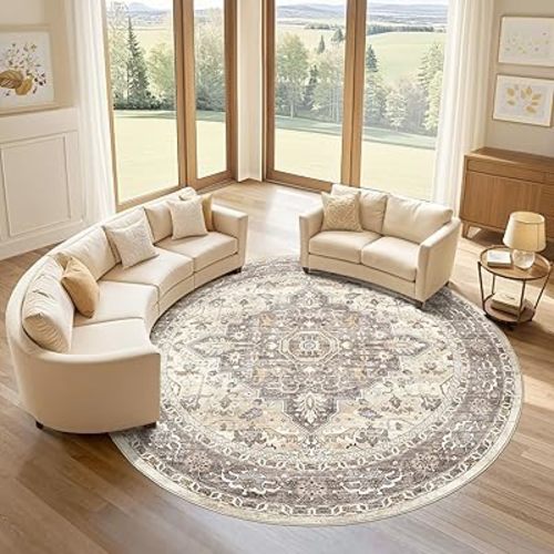 Round Rug Living Room Rugs: 8Ft Washable Boho Neutral Large Circle Soft Indoor Floral Stain Resistant Floor Farmhouse Carpet for Bedroom Nursery Kids Playroom Office Dining Room Dorm Home- Beige Brown