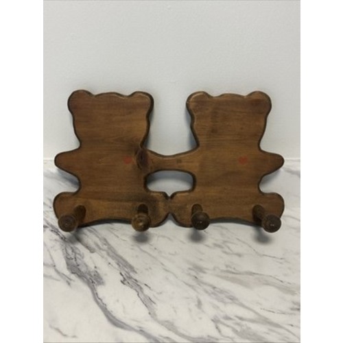 Vintage Dark Wood Baby Nursery 2 Teddy Bears Hearts 4 Peg Wall Hanging 80s