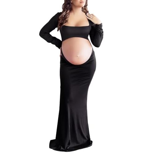 Dedysler Cut Out Maternity Dress for Photos Open Belly Long Sleeve Photography Gown Square Neck Maternity Outfit Dresses