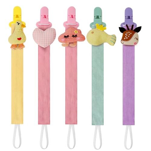 5 Pack Pacifier Clips for Baby Girls, Multicolor Fabric Straps,5pcs Straps, Approx. 11 in / 29 cm, Resin Clips with Inner Grip Design, Fits Most Pacifiers with Handles(13)