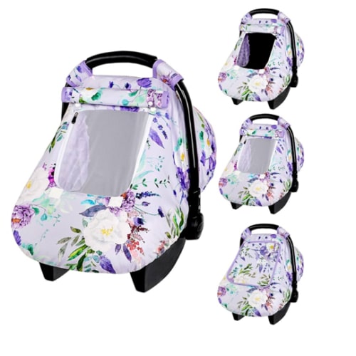 Car Seat Cover Baby Girl, Warm Winter Carseat Cover for Baby, Purple Floral Infant Car Seat Canopy with Peep Window, for Protecting Baby from Wind & Sun, Kick-Proof & Windproof