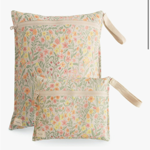 mushie Water Resistant Wet Bags | Large & Small Reusable Storage Bag for Baby Items and Travel | Zippered Pockets with Handle | Machine Washable, Set of 2 (Pastel Blooms)