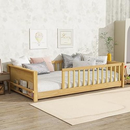 Twin Size Kids Montessori Floor Bed,Twin Floor Bed Frame with Slats and Bookcase,Solid Wood Montessori Bed for Girls Boys,Natural