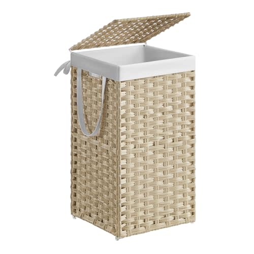 SONGMICS Laundry Hamper with Lid, 17.2 Gal (65 L) Synthetic Rattan,Foldable | Clothes Laundry Basket with Handles, Removable Liner, Summer Sand, ELIOTT Collection ULCB165LZ01