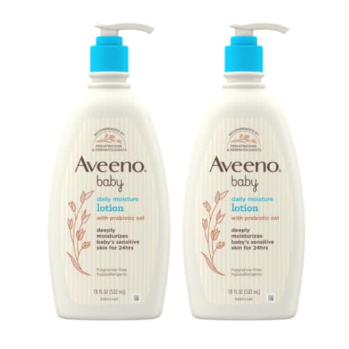 Aveeno Baby Daily Moisture Body Lotion, Fragrance-Free, 18 fl oz, 2 Pack | Baby Lotion Deeply Moisturizes Skin, Suitable for Sensitive Skin, Formulated Nourishing Oat, Hypoallergenic