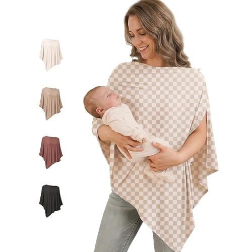 Konssy Rayon Made from Bamboo Nursing Cover for Breastfeeding, Buttery-Soft 360° Full Privacy Nursing Poncho, Breathable Stretchy Breastfeeding Cover, Multi-Use Car Seat Canopy (Baby Apricot Plaid)
