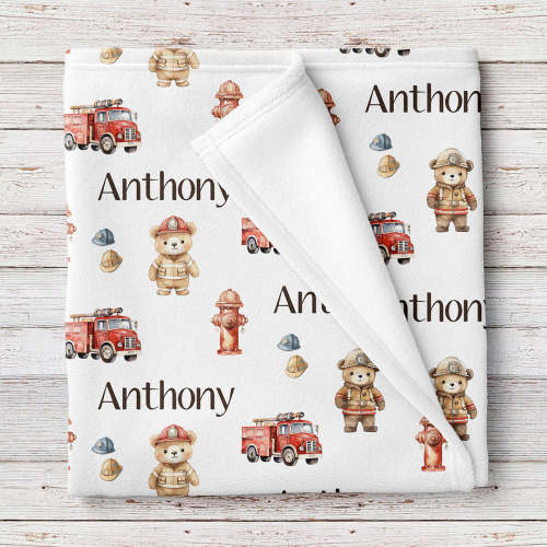 Fireman and firetruck personalized baby boy blanket
