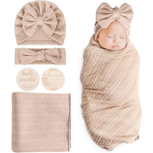 DRESHOW BQUBO Baby Swaddle Blankets for Girls, 4PCS Newborn Accessories Set with Hat and Bow Headband with Hello World Wooden Birth Announcement Card, Baby Blankets for Girls