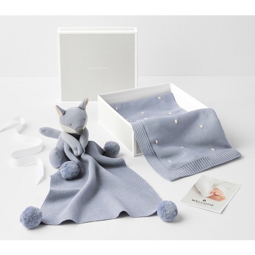 Cotton Sweater Knit Baby Blanket and Fox Thumbie Set