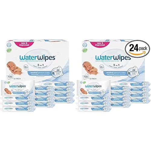 WaterWipes Sensitive+ Newborn & Baby Wipes,3-In-1 Cleans,Cares,Protects,99.9% Water,Unscented & Hypoallergenic,1440 Total,60 Count (Pack of 24)