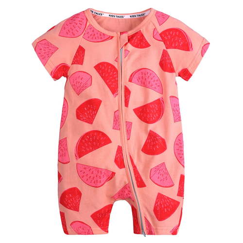 HAOTAGS Baby Romper Cotton Footless Pajamas with Zipper Printed Short Sleeve Jumpsuit for Boys and Girls Watermelon Red Size 6-9 Month