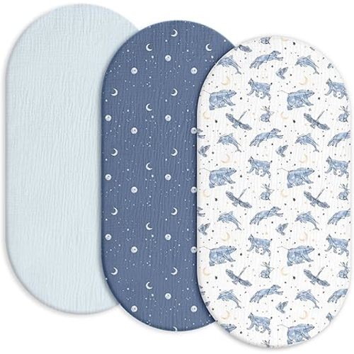 Gllquen Baby Muslin Bassinet Sheets 3 Pack, Breathable Elastic Cozy Fitted Cotton Bassinet Mattress Sheet for Baby Boy Girls, Fit for Hourglass Oval Rectangular Cradle Pad Sheets 33"x17" (Star)