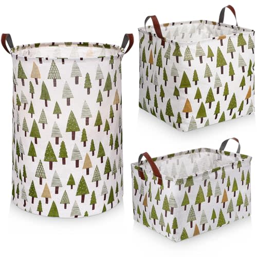 Zopeal 3 Size Large Round Rectangle Square Foldable Storage Box Set, Laundry Basket Organizer Toys Gift Basket Clothes Storage Box for Home, Office, Toy Storage, Home Decor (Green Forest)