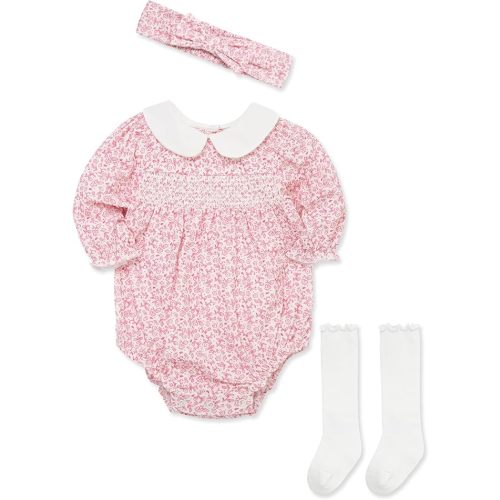 Little Me Clothes for Baby Girls' Woven Bubble Romper, Matching Headband, and Socks Set, 3 Months to 12 Months