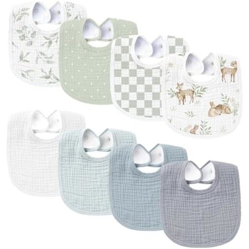 Konssy 8-Pack Muslin Baby Bibs, Adjustable Fit for Drooling and Teething