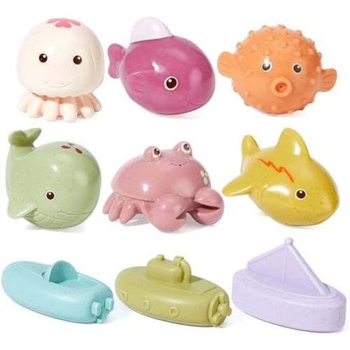 Mold Free Baby Bath Toys, 9 Pack | Sealed No Holes Design, No Water Inside | Soft Easy Grip Floatable Bathtub Toys | Baby Pool Water Toys for 6-12 12-18 Months, Toddlers 1-3 Years Old Girls Gift