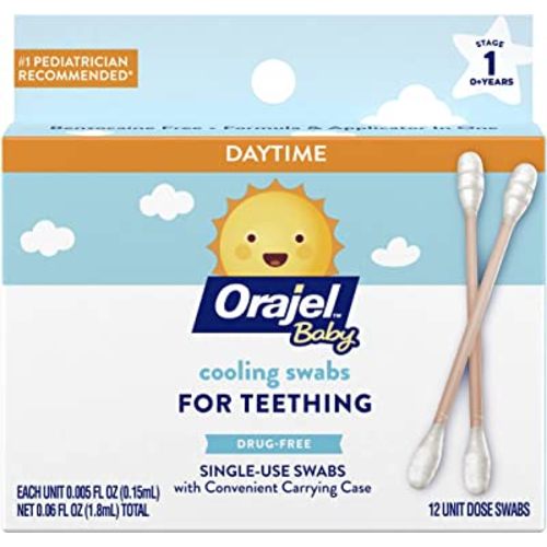 Orajel Baby Daytime Cooling Swabs for Teething, Drug-Free, 1 Pediatrician Recommended Brand for Teething*, 12 Swabs in Carrying Case(Packing May Vary)