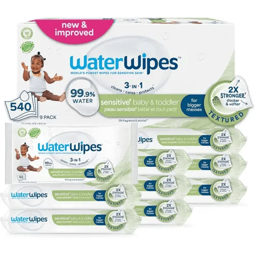 WaterWipes Sensitive+ Baby & Toddler Wipes, 3-In-1 Cleans, Cares, Protects, 99.9% Water, Textured Clean, Unscented & Hypoallergenic, 540 Count (Pack of 9)