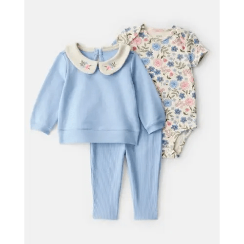 Baby Girl 3-Piece Floral Collared Cardigan Outfit Set - Blue | Carter's