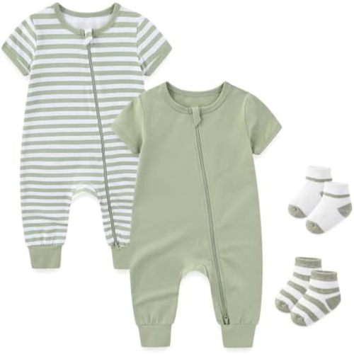 Baby Boy Girl 2-Pack Rompers with Socks 0-18M Toddler Unisex Zipper Short Sleeve Jumpsuits Clothes