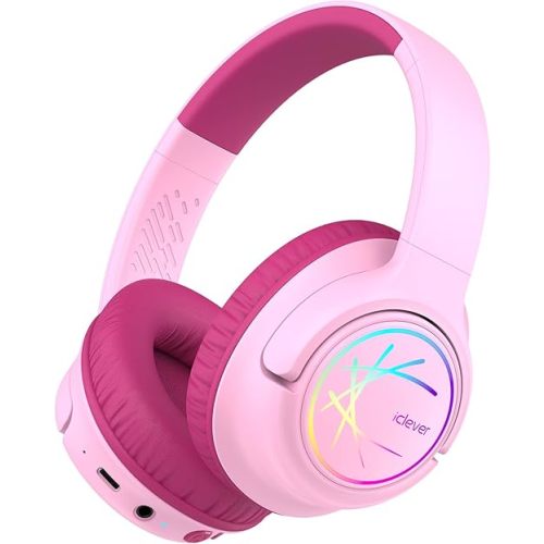 iClever Kids Bluetooth Headphones with LED Lights, BTH18 Safe Volume 74/85dBA, 43H Playtime, Bluetooth5.3 Kids Headphones Wireless Aux Cord for iPad/Tablet/Travel/School, Blossom Pink