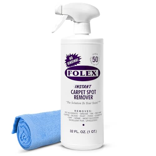 FOLEX Instant Carpet Spot Remover 32 oz – Powerful Stain Remover for Carpets, Upholstery & Rugs – Eliminates Pet Stains, Grease, Red Wine, Food, Makeup & More – With Reusable Cleaning Cloth – 1 Pack