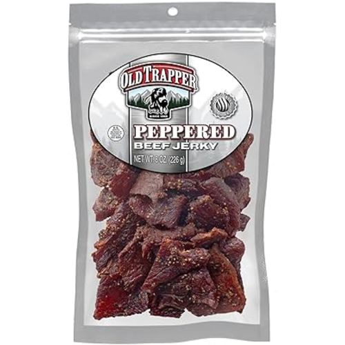 Old Trapper Beef Jerky, Peppered 8 Ounce Pack, Spicy Meat Snacks for Lunches or Between Meals, 11 Grams of Protein, Zero Grams of Fat, and 70 Calories per Serving (Pack of One)