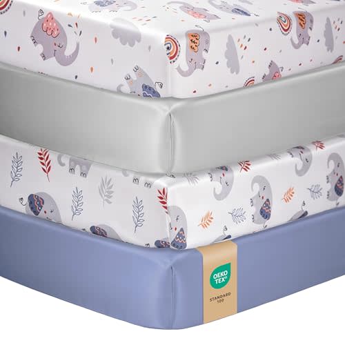 Baby Crib Sheets for Boys Girls, Toddler Bed Sheets Fitted for 52x28 Inch Standard Crib Mattress for Neutral, Set of 4 Super Soft Breathable Microfiber, Elephant, Rainbow, Grey & Dusty Blue