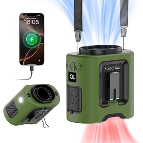 Socool 14500mAh Portable Waist Fan Clip on Belt 360 Rotation Wearable Rechargeable Personal Shirt Fan, 67H Cooling 5-Speed Battery Operated Fans with Light, Neck Fan Hanging for Outdoor Camping Travel