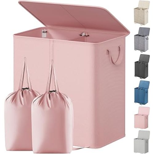 Lifewit Double Laundry Hamper with Lid and Removable Laundry Bags, Large Collapsible 2 Dividers Dirty Clothes Basket with Handles for Bedroom Laundry Room Closet Bathroom College, 136L Pink