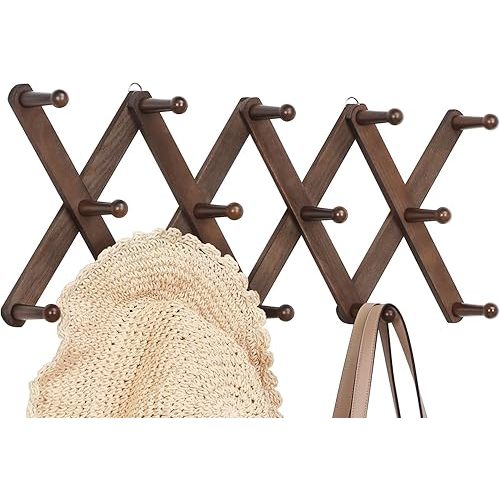 Accordion Wall Hanger with 14 Hooks, Expandable Hat Racks for Baseball Caps Wall, Wood Walls Coat Rack Purse Rack for Baseball Caps, Bag (Walnut)