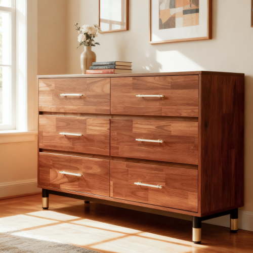 Walnut Dresser for Bedroom, 6 Drawer Brown Dresser, Solid Dresser with Modern Storage Organizer, Wide Chest of Drawers for Clothes, Closet, Living Room