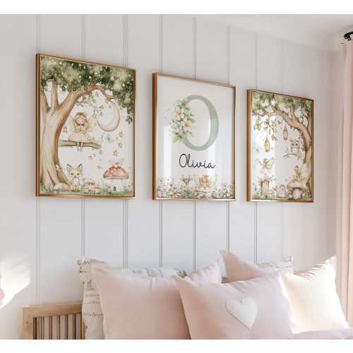 Woodland Fairy & Animal Nursery Prints, Personalised Name Prints, Sage Green Enchanted Forest Wall Art, Whimsical Magical Girls Room Decor