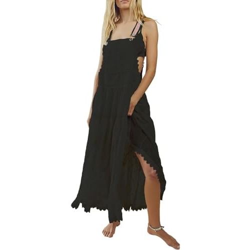 ebossy Women's Laced Embroidered Tulle Bib Dress Casual Loose Adjustable Straps Maxi Dress