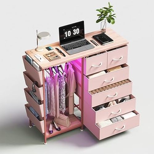 6 Drawer Dresser for Bedroom with Clothes Rack, Clothes Dresser with Side Pockets and Hooks, Charging Station & LED Lights, Wooden Top, Fabric Storage (Pink)