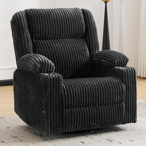 Power Recliner Chair with Massage and Heat, Oversized Swivel Rocker Recliner for Adults with Adjustable Headrest, Nursery Glider with Arm Storage and Cup Holder, Dark Grey