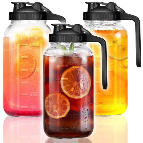 3 Pack 64oz Glass Mason Jar Pitchers with Lids,Sun Tea Pitchers for Outside,Ice Tea Pitcher for Fridge,2 Quart Pitcher for Cold Brew,Breast Milk,Lemonade,Coffee,Flavored Water,Airtight Lids(Black)