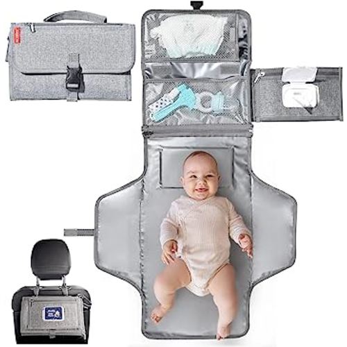 Portable Baby Changing Pad, SKYROKU Detachable Travel Changing Pad, Smart Wipes Pocket with Built-in Pillow -Waterproof & Large Changing Area-Foldable Travel Baby Changing Kit(Grey)