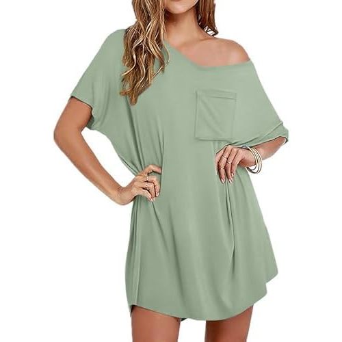 Ekouaer Nightgown for Women Bamboo Viscose Sleepshirt short sleeve Nightshirt V Neck T shirt Night gown Boyfriend Sleepwear