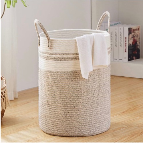 Large Laundry Hamper, Tall Woven Storage Basket for Blankets, Cotton Baby Nursery Hamper, Toys and Dirty Clothes in Bedroom and Living Room Organizing - 58L Brown & White