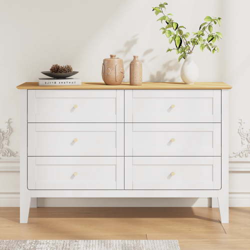 ZOSQUARE 6 Drawer Dresser for Bedroom, Modern Shaker Style White Dresser with Wood Top and Gold Knobs, Minimalist Chest of drawers for Bedroom, Living Room, Hallway