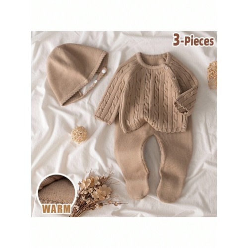 Loomiva Newborn Baby 3 Pieces Set: Soft Knit Solid Color Crew Neck Long Sleeve Top, Elastic Waist Pants, And Hat Baby Autumn Winter Clothes Baby Sweater Sets Warm Baby Clothes Baby Knitwear Set Neutral Baby Clothes Unisex Baby Knitted Outfit Baby Set Autu