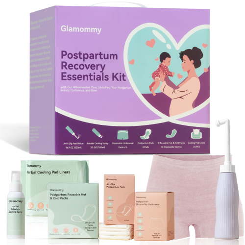 Glamommy Postpartum Recovery Essentials Kit for Mom, Labor & Delivery Postpartum Care, Peri Bottle, Cooling Spray, Disposable Postpartum Underwears, Postpartum Pads, Hot&Cold Packs, Soothing Liners