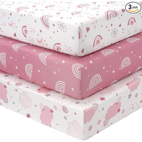 Baby Crib Sheets Fitted for Girls, 3 Pack Crib Mattress Sheet for 52”x28” Standard Toddler Bed Mattress, Super Soft Microfiber Pink Rainbow