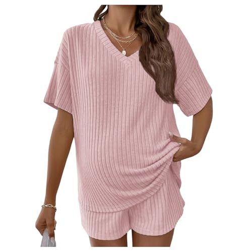 MakeMeChic Women's Maternity 2 Piece Sets Ribbed Shirt and Biker Shorts | Cute Pregnancy Outfits,Maternity Pajamas,Lounge Set,Short Sleeve Top,Summer Vacation,Bump Friendly