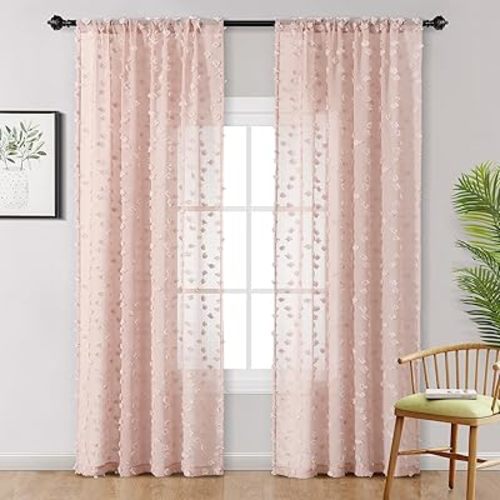 MYSKY HOME Pom Pom Pink Sheer Curtains for Bedroom Girls Room Dusty Rose Curtains 84 Inches Long for Nursery Kids Light Filtering Boho Window Drapes, Rod Pocket, 38" Wide, 2 Panels